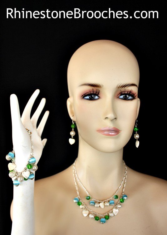 Women's Vintage Pearl Shell Heart Glass Beaded Necklace Bracelet Earring Set, Ladies Designer Fashion Jewelry