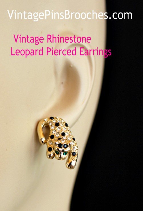 Women's Vintage Leopard Pierced Earrings Black Emerald Diamond Rhinestones, Ladies Designer Fashion Jewelry