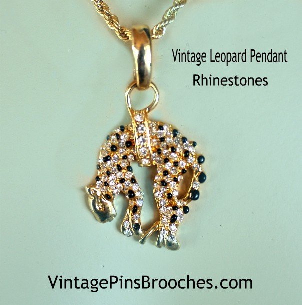 Women's Vintage Leopard Pendant Containing Black Crystal And Diamond Rhinestones, Ladies Designer Jewelry
