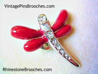 Vintage Rhinestone Red Dragonfly Pin Brooch